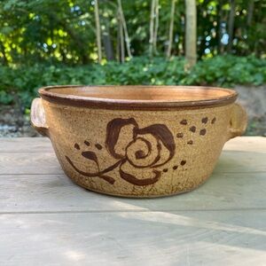 Handcrafted Brown Ceramic Bowl with Floral Design